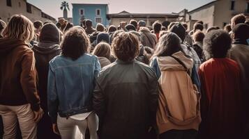 posterior ver de un grupo de joven personas caminando en el ciudad, generativo ai foto