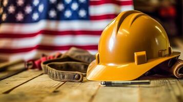 American flag with safety helmet and tools on wooden background. Labor day concept, photo