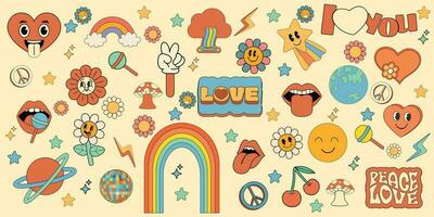 Groovy hippie 70s set. Funny cartoon flower, rainbow, peace, Love, heart, daisy, mushroom etc. Sticker pack in trendy retro psychedelic cartoon style. Isolated vector illustration. Flower power.