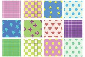 Groovy seamless patterns with funny happy daisy, wave, chess, mesh, rainbow. Set of vector backgrounds in trendy retro trippy y2k style. Lilac and green colors. Fun hippie texture for surface design.