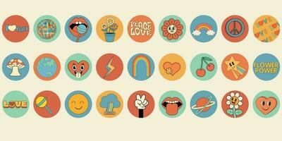 Groovy hippie 70s set. Funny cartoon flower, rainbow, peace, Love, heart, daisy, mushroom etc. Sticker pack in trendy retro psychedelic cartoon style. Isolated vector illustration. Flower power.Vector