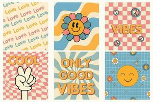 Retro groovy set card 60s-70s style. Daisy flowers, smile face, checkerboard pattern. Peace signs, freedom. Stay positive. Good vibes only. Hippie aesthetic background. vector