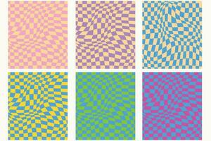 Groovy grid. Wavy psychedelic background, 70s swirl texture and trippy grids vector set