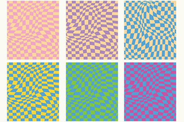 Groovy grid. Wavy psychedelic background, 70s swirl texture and trippy grids vector set