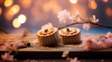 Mid-Autumn Festival moon cake and Sakura blossom background, photo