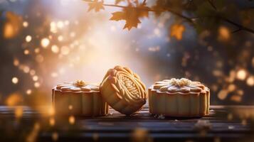 Mid-Autumn Festival moon cake and Sakura blossom background, photo