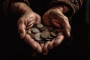 Close up of old man's hands holding coins. Poverty concept, charity day concept, Generative Ai photo