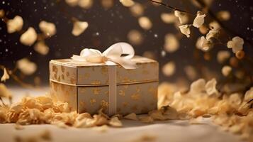 Gift boxes with blooming branch on bokeh background. New year, mid autumn festival, celebration, Generative AI photo