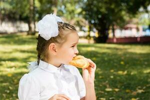 linda pequeño Chica de escuela picaduras un pedazo de cuerno a un picnic en el parque. colegio comidas foto