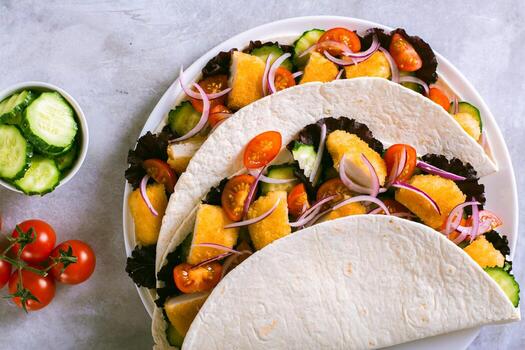 cerca arriba de tortilla con pollo pepitas, verduras, cebollas y lechuga en un plato parte superior ver foto