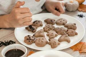 Children's hands squeeze chocolate icing from a syringe onto a halloween gingerbread cookie on a plate. Cooking treats for halloween celebration. Lifestyle photo