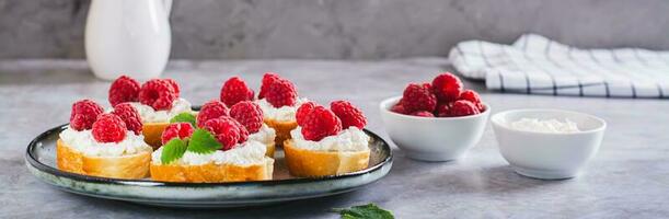 Fresh crostini with ricotta, raspberries and mint on a plate on the table web banner photo