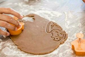 preparando a celebrar Víspera de Todos los Santos y preparando un tratar. manos son cortar fuera con moldes desde arrollado masa para horneando Víspera de Todos los Santos galletas en el mesa. estilo de vida foto