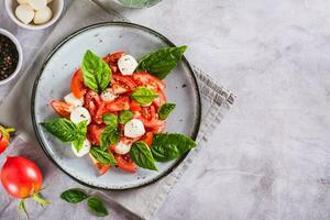 caprese ensalada con Tomates, queso Mozzarella, albahaca y aceituna petróleo en un plato parte superior ver foto