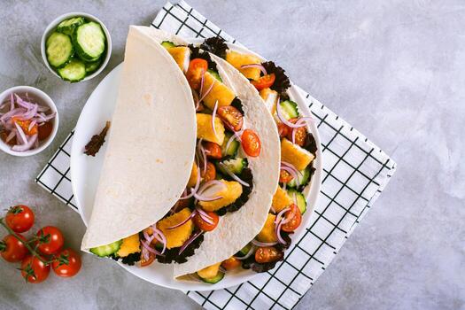 tortilla con pollo pepitas, verduras, cebollas y lechuga en un plato parte superior ver foto