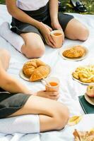 Eco-friendly picnic for schoolchildren in the park. Croissants, french fries and apples on eco paper plates and apple juice in an eco cup with a straw on a white blanket. Back to school concept photo