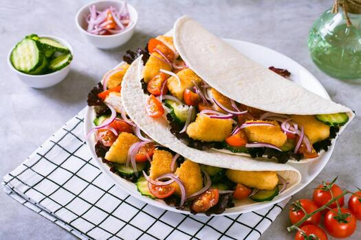 tacos con pollo pepitas, pepino, tomate, cebolla y lechuga en un plato foto