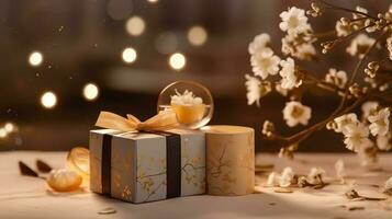Gift boxes with blooming branch on bokeh background. New year, mid autumn festival, celebration, Generative AI photo