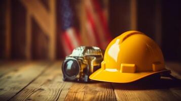 American flag with safety helmet and tools on wooden background. Labor day concept, photo