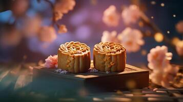 Mid-Autumn Festival moon cake and Sakura blossom background, photo