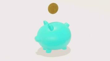 Animé vidéo de pièces de monnaie chute dans une bleu porcin banque video
