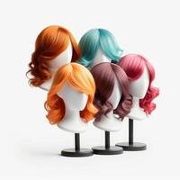 Hair wig over the plastic mannequin head isolated over the white background, mockup featuring contemporary women's hairstyles, Generative AI illustration photo