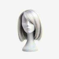 Hair wig over the plastic mannequin head isolated over the white background, mockup featuring contemporary women's hairstyles, Generative AI illustration photo