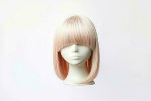 Hair wig over the plastic mannequin head isolated over the white background, mockup featuring contemporary women's hairstyles, Generative AI illustration photo