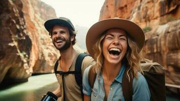 Group of happy friends and laughing, tourism, travel, people sharing good and positive mood, backpack camping hiking journey travel trek concept, with blurred background, Generative AI illustration photo