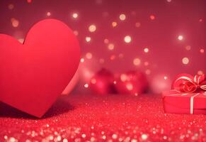 Heart shaped gift box on red bokeh background for birthday gift Valentine's Day and New Year. photo