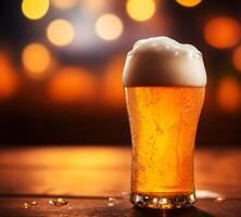 Beer glass with bubbles on bokeh background. photo