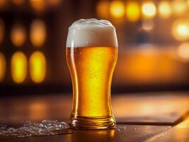 Beer glass with bubbles on bokeh background. photo
