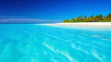 Illustration image, beach scene with crystal-clear turquoise waters, powdery white sand, palm leaves, sparkling waves and blue sunny sky, with copy space, illustration photo
