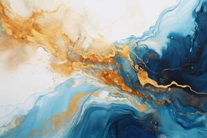 Marble abstract acrylic background. Blue, gold and white overflowing colors with . photo