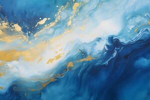 Marble abstract acrylic background. Blue, gold and white overflowing colors with . photo
