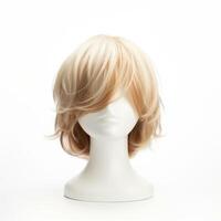 Hair wig over the plastic mannequin head isolated over the white background, mockup featuring contemporary women hairstyles, Generative AI illustration photo