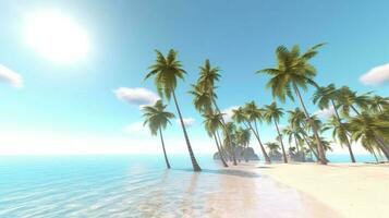 ilustración imagen, playa escena con claro como el cristal turquesa aguas, en polvo blanco arena, palma hojas, espumoso olas y azul soleado cielo, con Copiar espacio, generativo ai ilustración foto