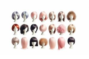 Hair wig over the plastic mannequin head isolated over the white background, mockup featuring contemporary women's hairstyles, Generative AI illustration photo