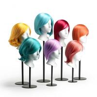 Hair wig over the plastic mannequin head isolated over the white background, mockup featuring contemporary women's hairstyles, Generative AI illustration photo