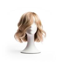 Hair wig over the plastic mannequin head isolated over the white background, mockup featuring contemporary women's hairstyles, Generative AI illustration photo