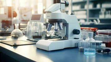 Close-up shot of microscope with metal lens at laboratory. Microscope on the table with chemical tube and glassware in laboratory, Science research technology, Generative AI illustration photo