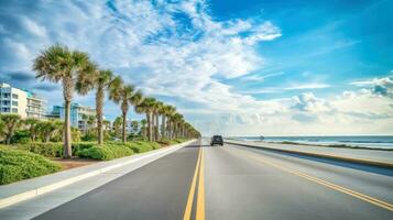 Illustration image of empty asphalt road beside the sea background, highway beside the sea, outdoors horizontal image, Generative AI illustration photo