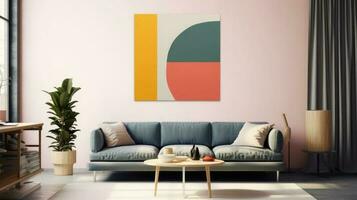 Stylish living room interior design with mock up poster frame, creative home accessories. Home staging. Copy space, Generative AI illustration photo