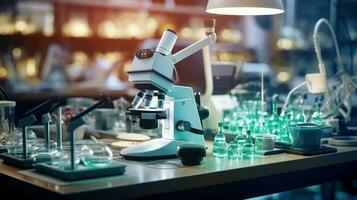 Close-up shot of microscope with metal lens at laboratory. Microscope on the table with chemical tube and glassware in laboratory, Science research technology, Generative AI illustration photo