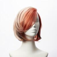 Hair wig over the plastic mannequin head isolated over the white background, mockup featuring contemporary women hairstyles, Generative AI illustration photo