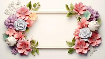 Floral border frame card template. multicolor flowers, leaves, for banner, wedding card. Springtime composition with copy-space, Generative AI illustration photo