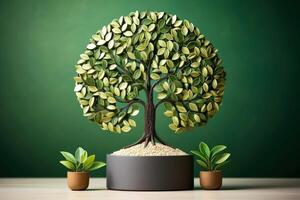 Ecosystem restoration, environment day concept tree background. Recycle icon paper cut banner with forest. Ecology project concept, illustration photo