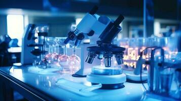 Close-up shot of microscope with metal lens at laboratory. Microscope on the table with chemical tube and glassware in laboratory, Science research technology, Generative AI illustration photo