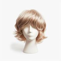 Hair wig over the plastic mannequin head isolated over the white background, mockup featuring contemporary women's hairstyles, Generative AI illustration photo