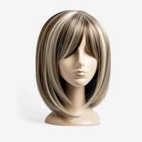 Hair wig over the plastic mannequin head isolated over the white background, mockup featuring contemporary women's hairstyles, Generative AI illustration photo